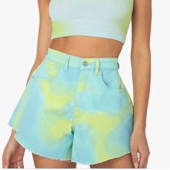 WeWoreWhat Pants - WeWoreWhat Tie Dye High Rise A-Line Denim Shorts Blue Green Festival Size 24 NWT
